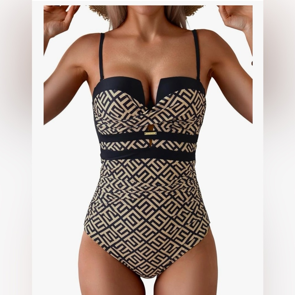 Eomenie Black & Gold Geometric Push-Up One Piece Swimsuit NWT Size Small